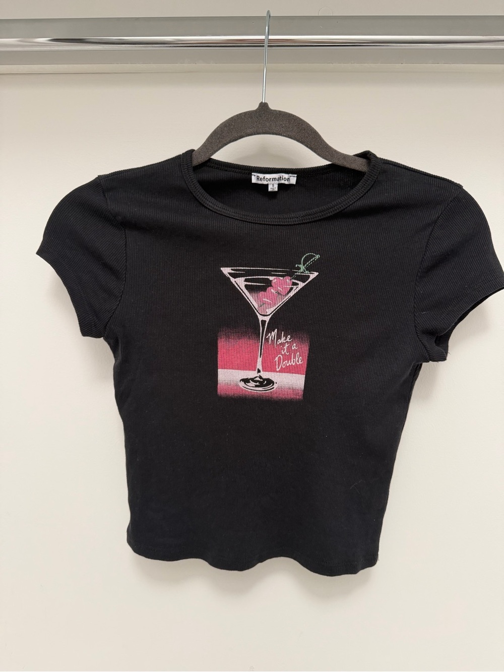 NWOT Reformation Black Short-Sleeve Tee with Pink Martini Graphic